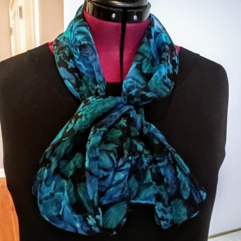 Sheer Blue Green & Black Floral Print Oblong Scarf